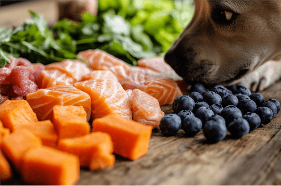 a dog sniffing raw fish